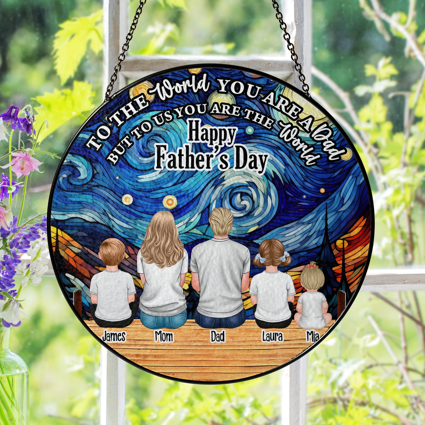 Personalized photo stained glass suncatcher. "You Are Our World" custom window hanging gift.