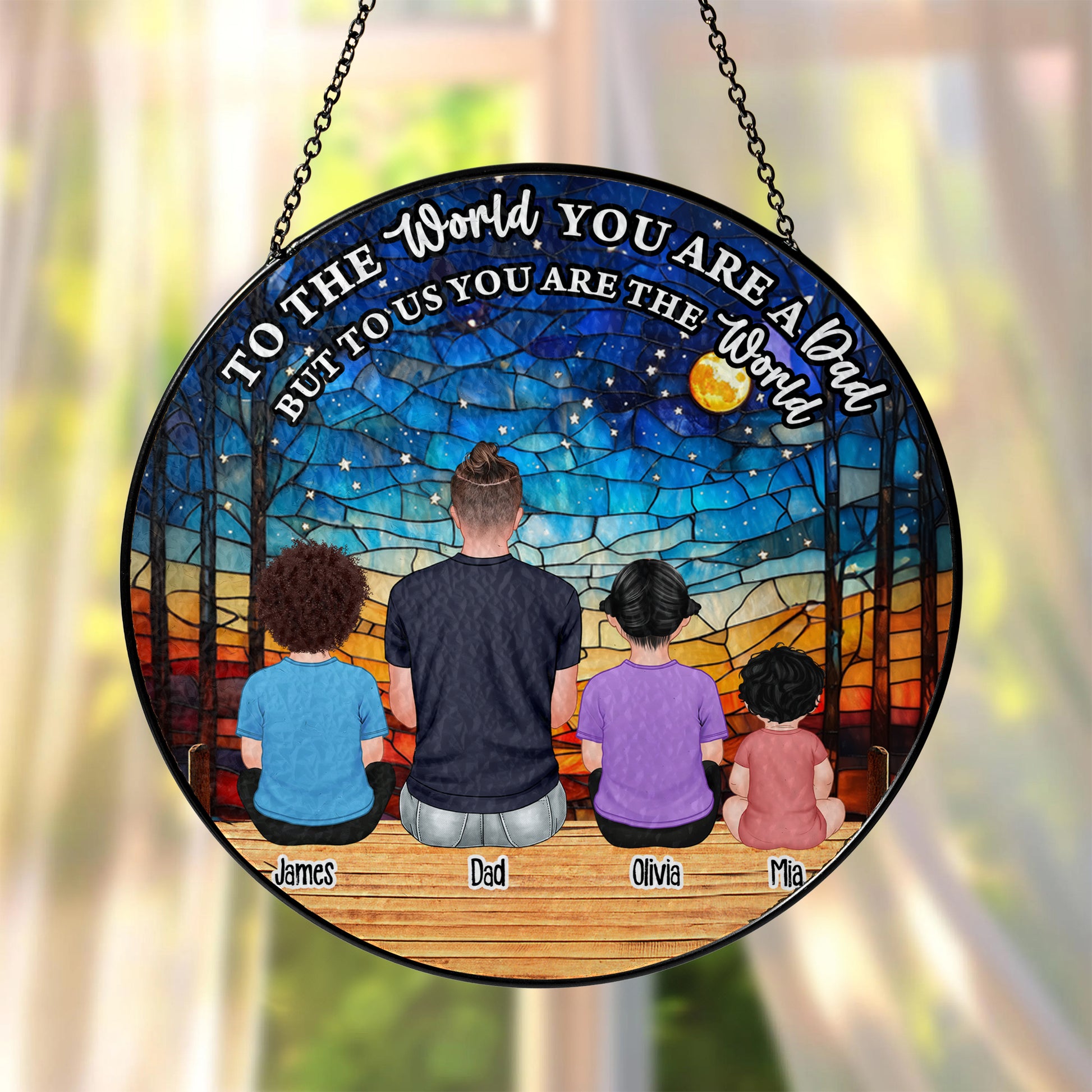 Personalized photo stained glass suncatcher. "You Are Our World" custom window hanging gift.