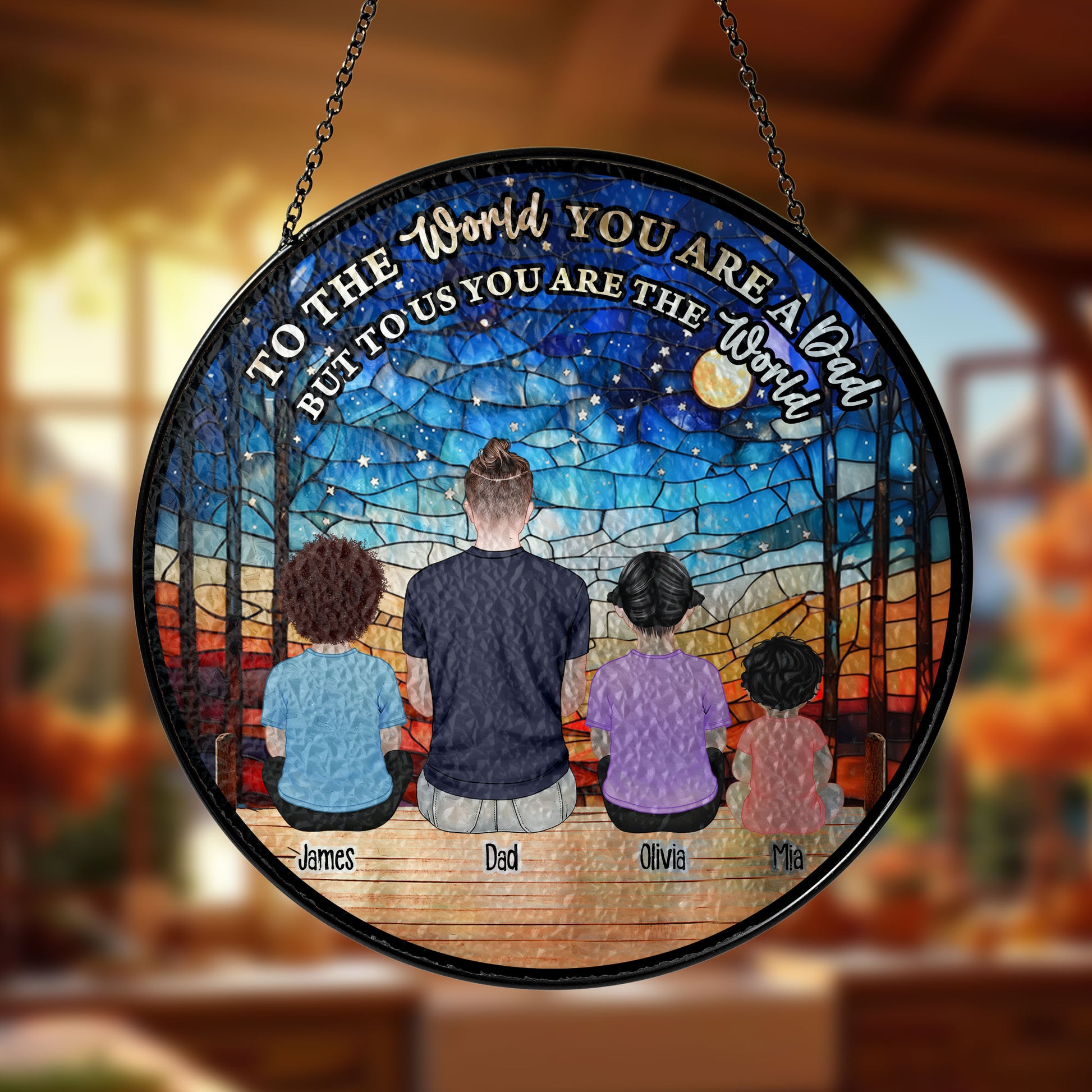 Personalized photo stained glass suncatcher. "You Are Our World" custom window hanging gift.