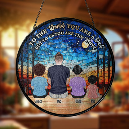 Personalized photo stained glass suncatcher. "You Are Our World" custom window hanging gift.