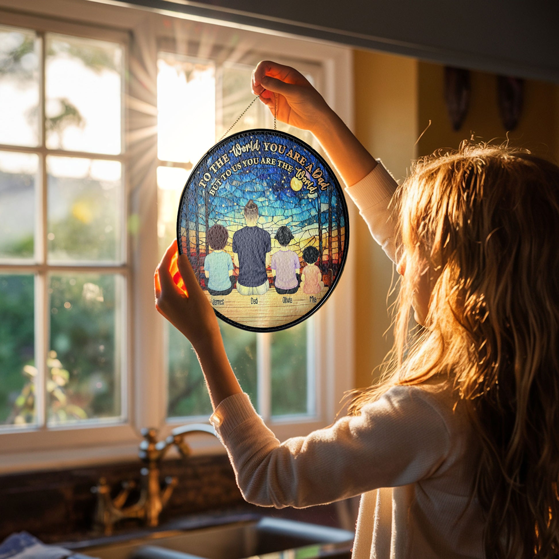 Personalized photo stained glass suncatcher. "You Are Our World" custom window hanging gift.