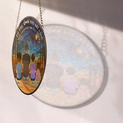 Personalized photo stained glass suncatcher. "You Are Our World" custom window hanging gift.