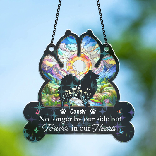 Custom holographic dog paw print ornament: "You Left Paw Prints Forever On Our Hearts."
