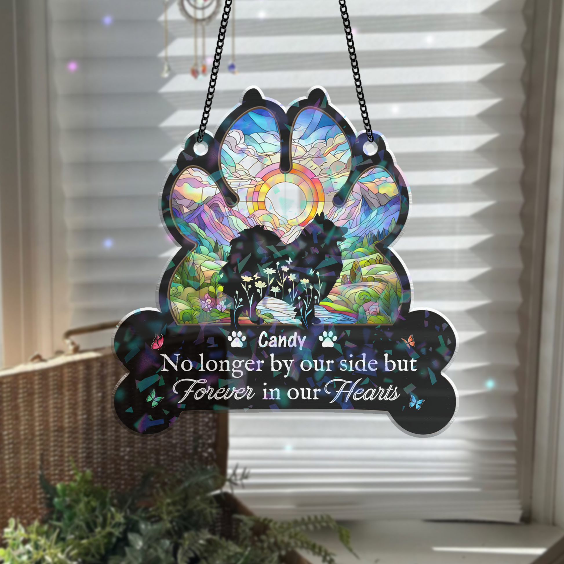 Custom holographic dog paw print ornament: "You Left Paw Prints Forever On Our Hearts."