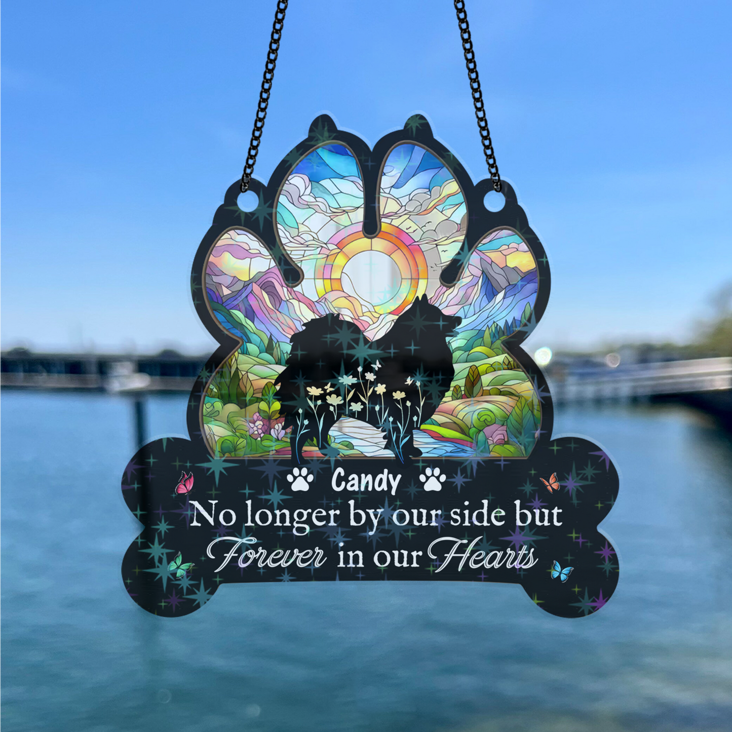 Custom holographic dog paw print ornament: "You Left Paw Prints Forever On Our Hearts."