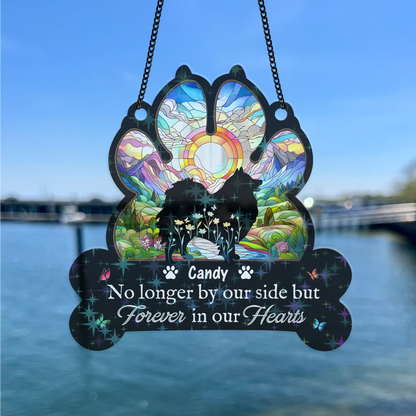 Custom holographic dog paw print ornament: "You Left Paw Prints Forever On Our Hearts."