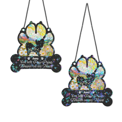 Custom holographic dog paw print ornament: "You Left Paw Prints Forever On Our Hearts."