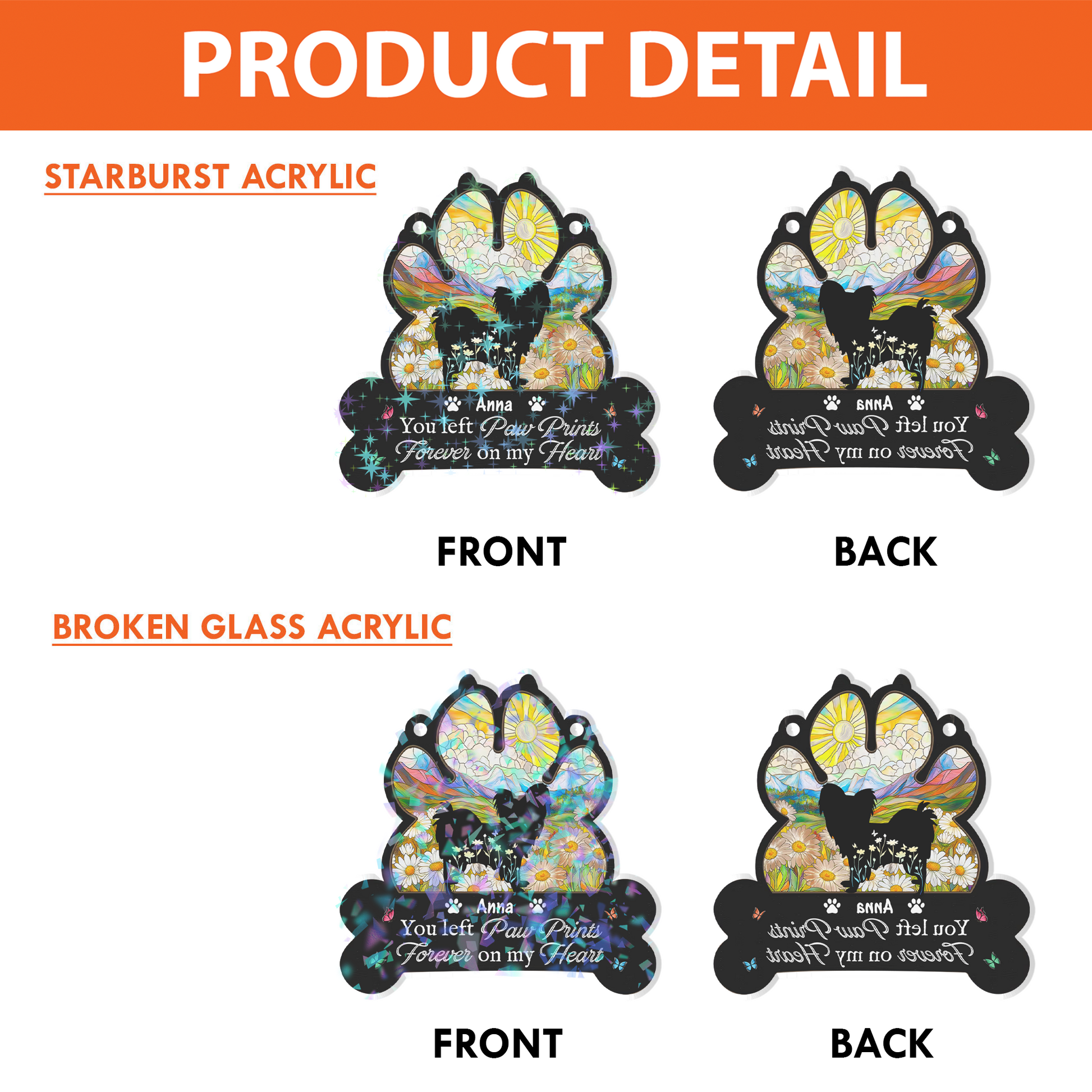 Custom holographic dog paw print ornament: "You Left Paw Prints Forever On Our Hearts."