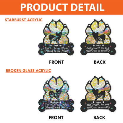 Custom holographic dog paw print ornament: "You Left Paw Prints Forever On Our Hearts."