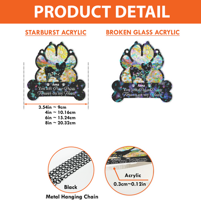 Custom holographic dog paw print ornament: "You Left Paw Prints Forever On Our Hearts."