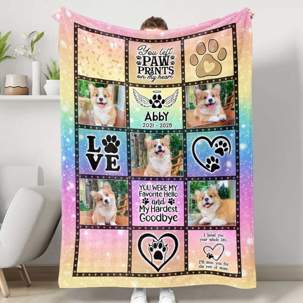 You Left Paw Prints on My Heart personalized memorial blanket, a thoughtful sympathy gift.