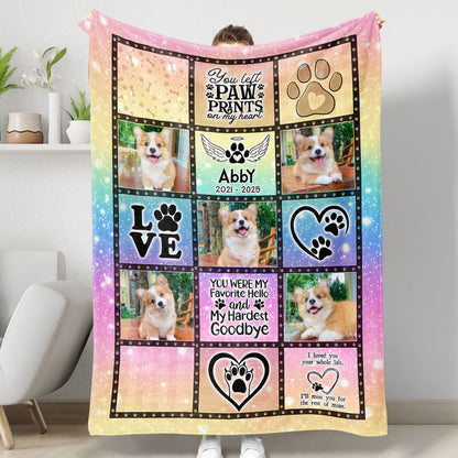 You Left Paw Prints on My Heart personalized memorial blanket, a thoughtful sympathy gift.