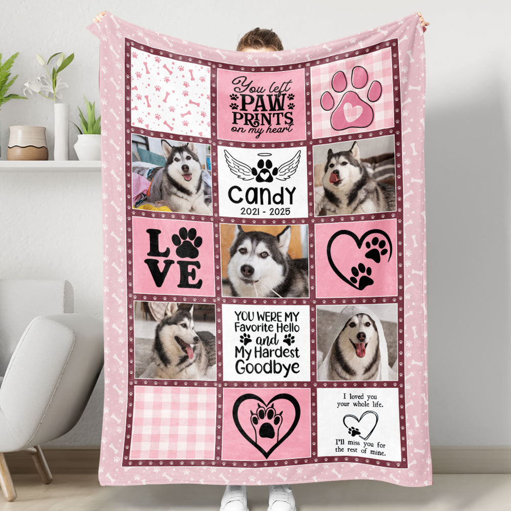 You Left Paw Prints on My Heart personalized memorial blanket, a thoughtful sympathy gift.