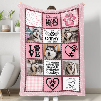 You Left Paw Prints on My Heart personalized memorial blanket, a thoughtful sympathy gift.