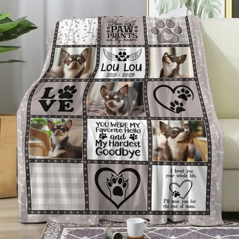 You Left Paw Prints on My Heart personalized memorial blanket, a thoughtful sympathy gift.