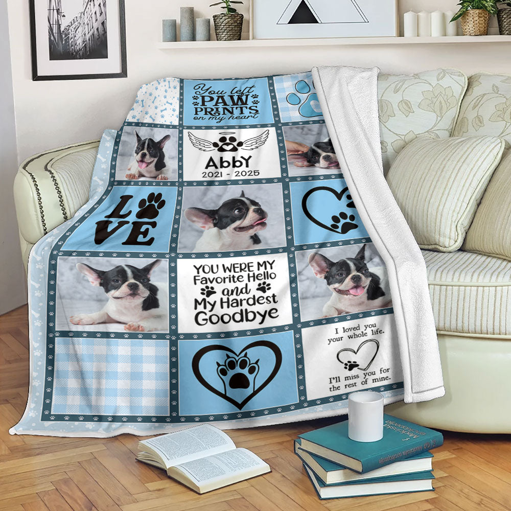 You Left Paw Prints on My Heart personalized memorial blanket, a thoughtful sympathy gift.