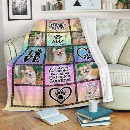 You Left Paw Prints on My Heart personalized memorial blanket, a thoughtful sympathy gift.