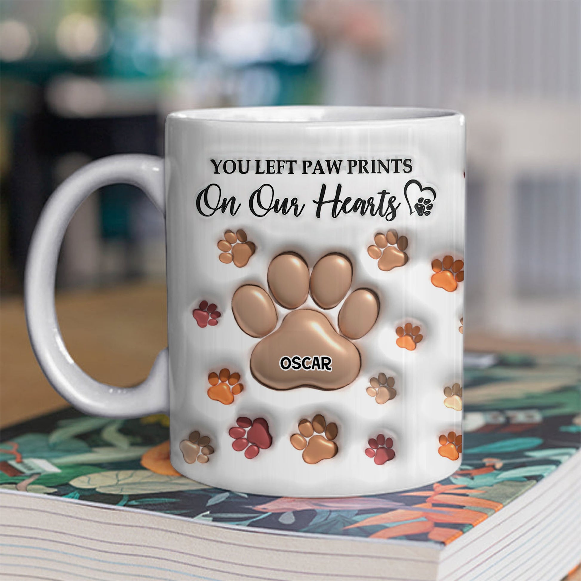 You Left Paw Prints On My Heart personalized custom coffee mug.