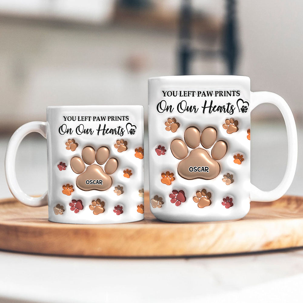 You Left Paw Prints On My Heart personalized custom coffee mug.
