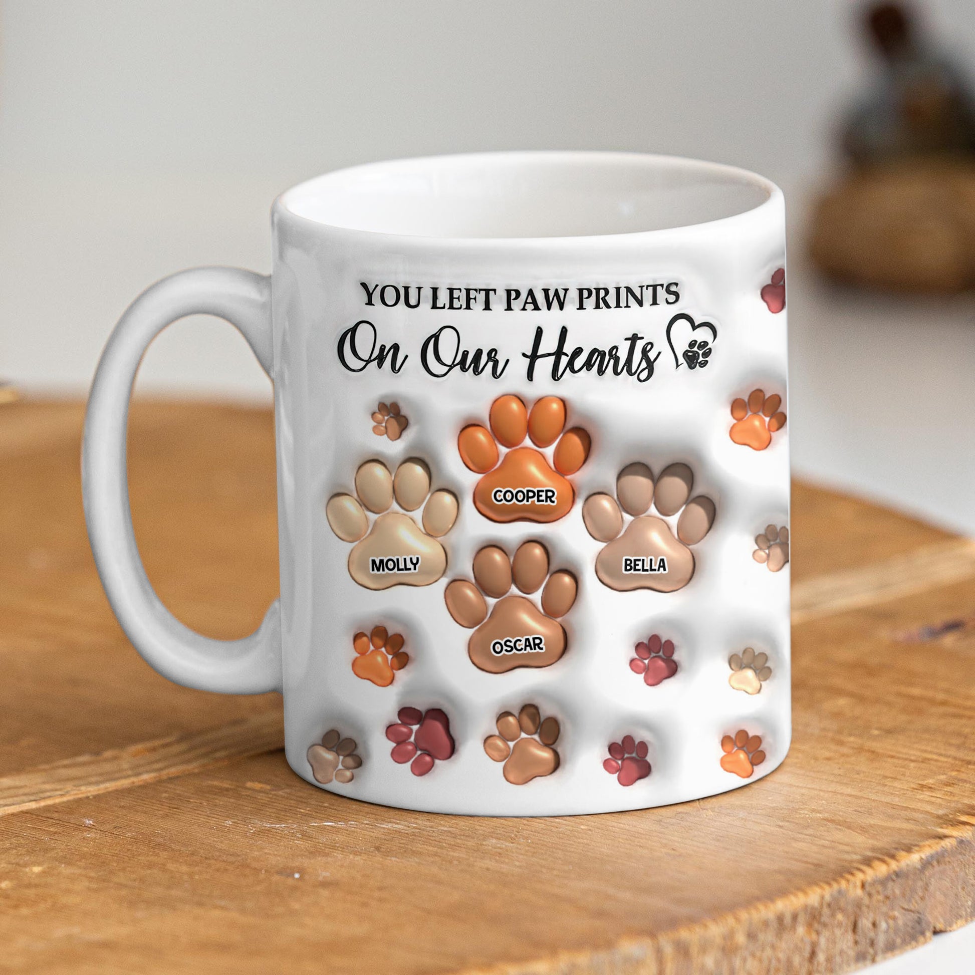 You Left Paw Prints On My Heart personalized custom coffee mug.