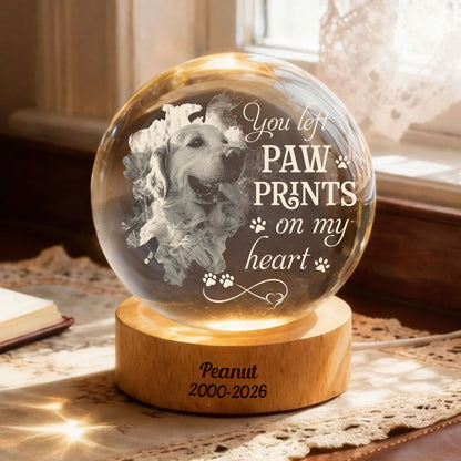 You Left Pawprints On My Heart Dog Loss - Personalized Memorial Crystal Globe Lamp