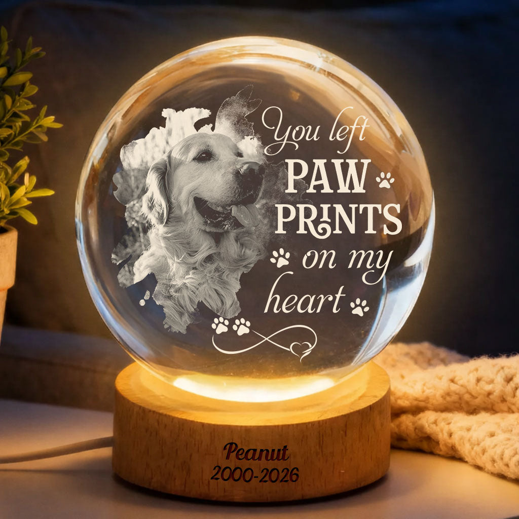 You Left Pawprints On My Heart Dog Loss - Personalized Memorial Crystal Globe Lamp