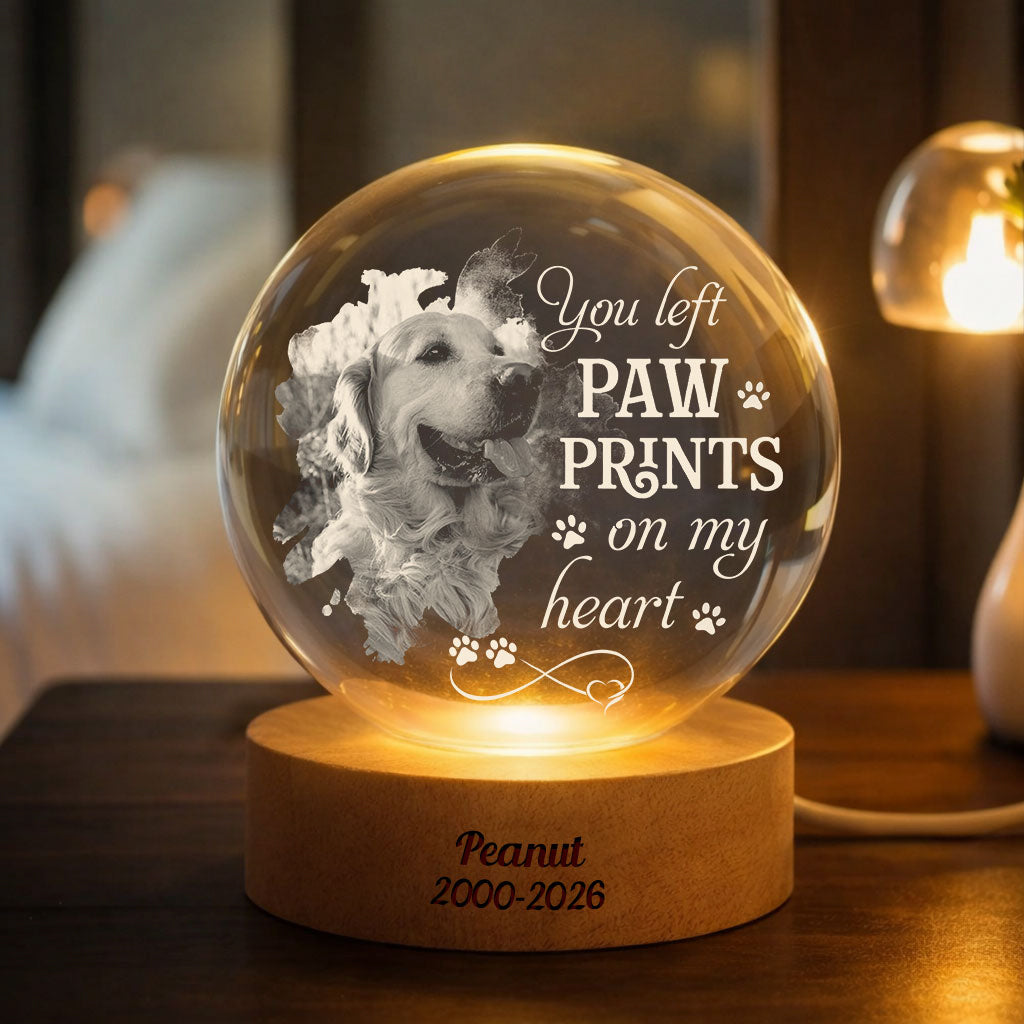 You Left Pawprints On My Heart Dog Loss - Personalized Memorial Crystal Globe Lamp