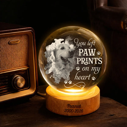 You Left Pawprints On My Heart Dog Loss - Personalized Memorial Crystal Globe Lamp