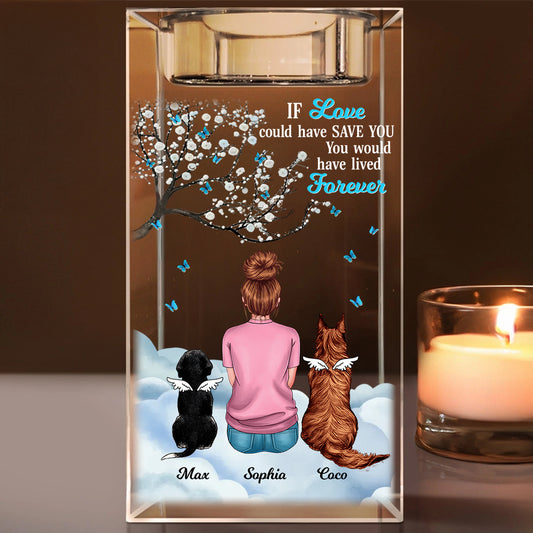 Personalized crystal candle holder with paw prints and "You Left Pawprints on My Heart" engraving.