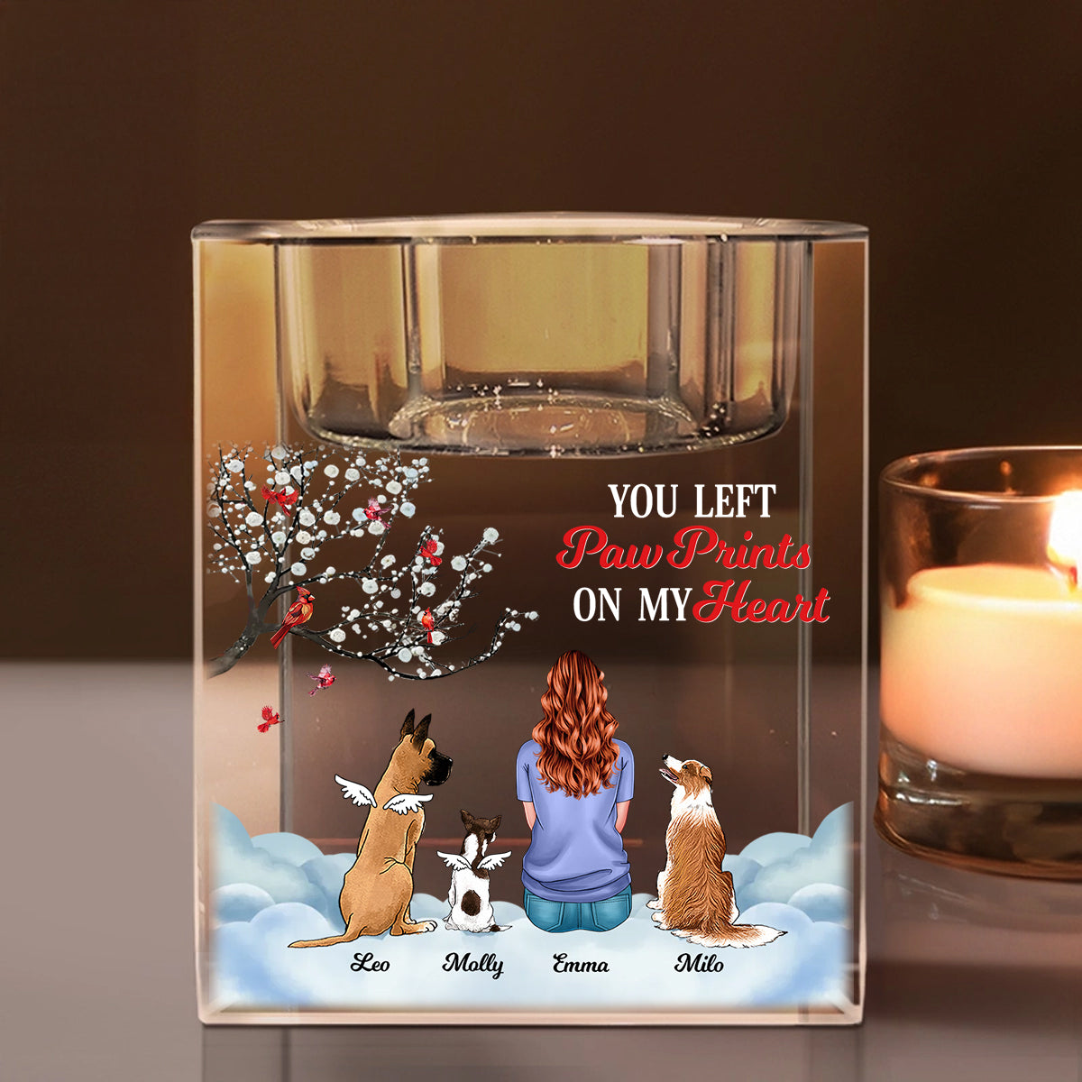 Personalized crystal candle holder with paw prints and "You Left Pawprints on My Heart" engraving.