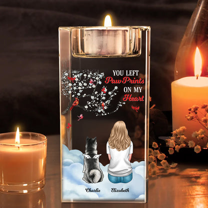 Personalized crystal candle holder with paw prints and "You Left Pawprints on My Heart" engraving.