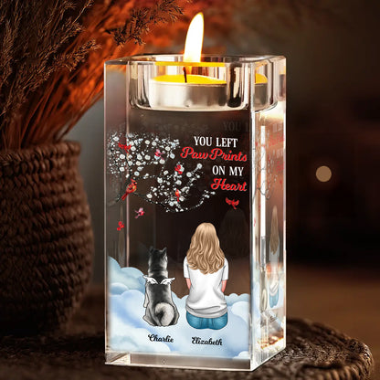 Personalized crystal candle holder with paw prints and "You Left Pawprints on My Heart" engraving.