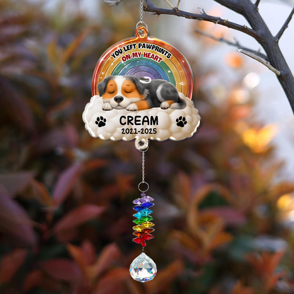 You Left Pawprints pet memorial ornament with crystal charm, hanging keepsake.