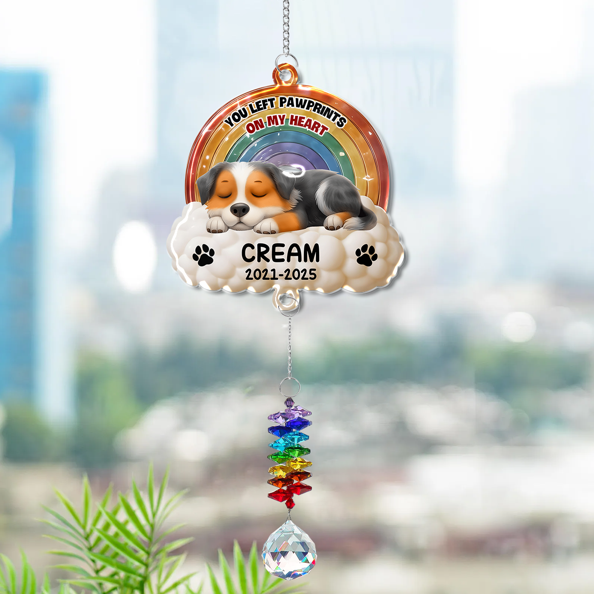 You Left Pawprints pet memorial ornament with crystal charm, hanging keepsake.