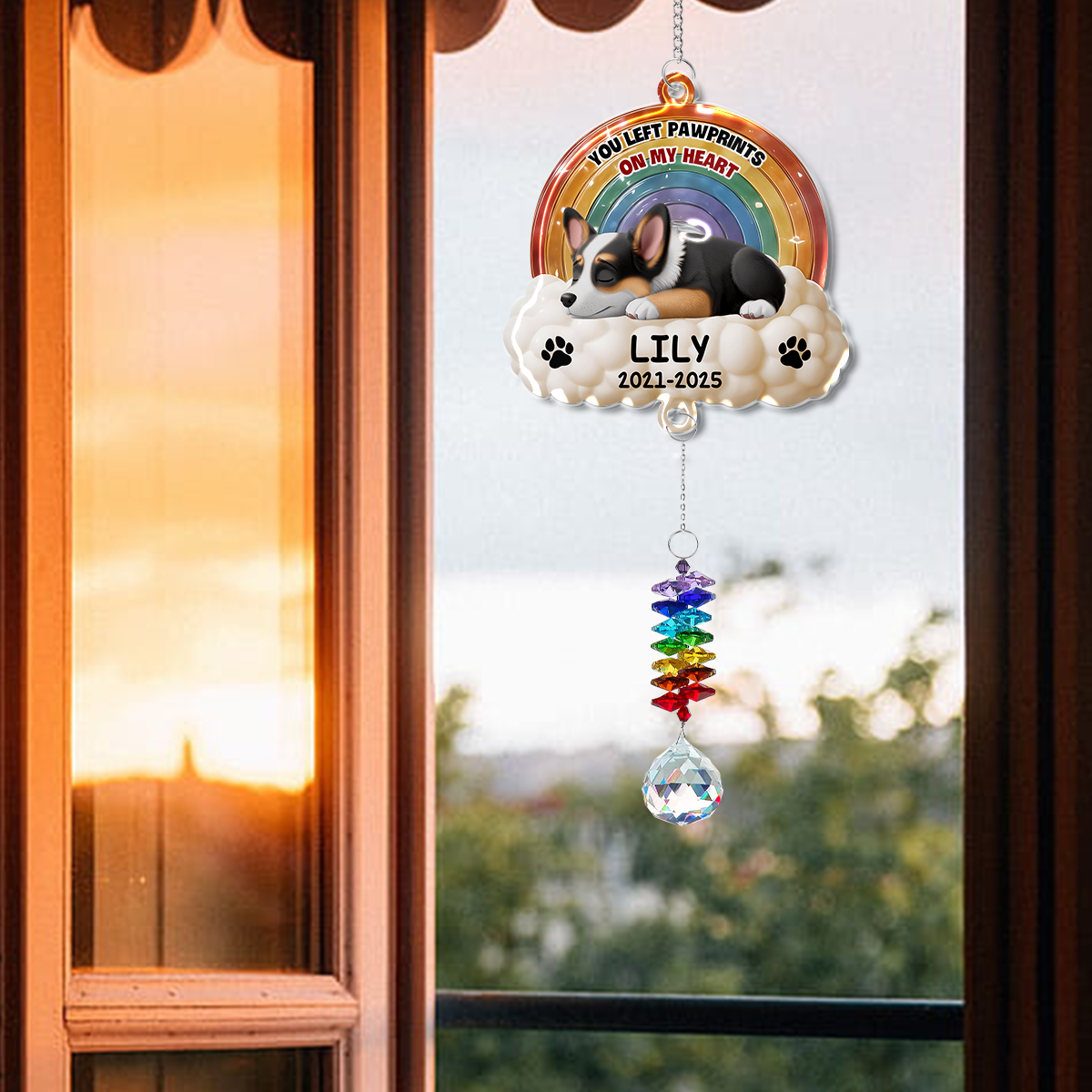 You Left Pawprints pet memorial ornament with crystal charm, hanging keepsake.