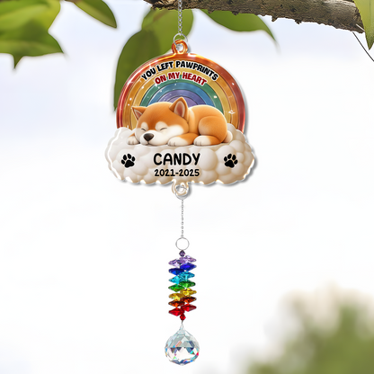 You Left Pawprints pet memorial ornament with crystal charm, hanging keepsake.