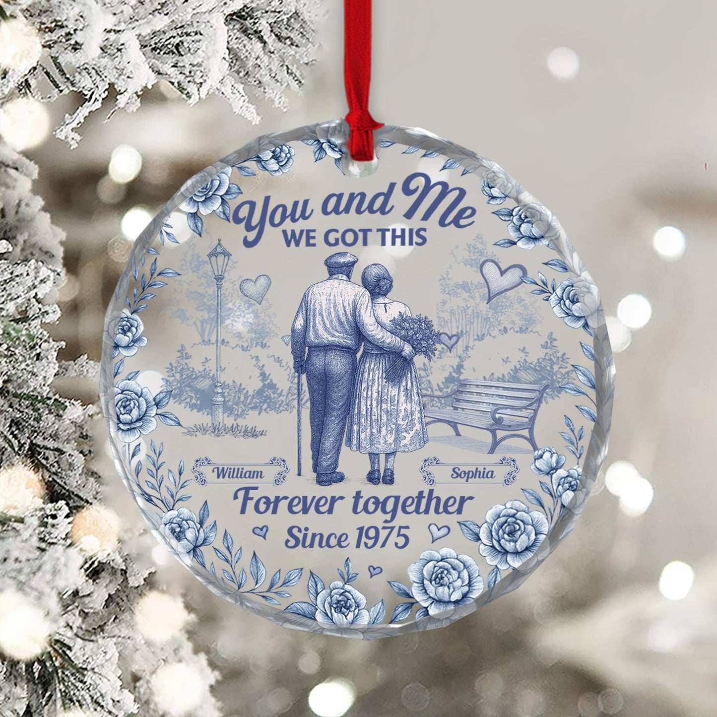 Personalized glass ornament with "You, Me, We Got This" for anniversary gifts.