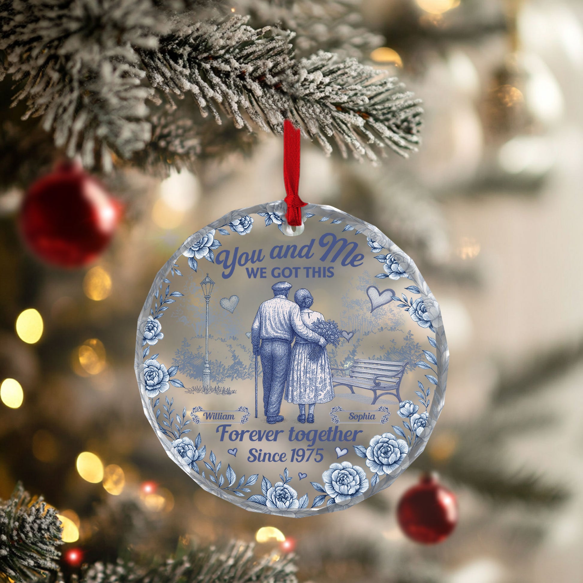 Personalized glass ornament with "You, Me, We Got This" for anniversary gifts.