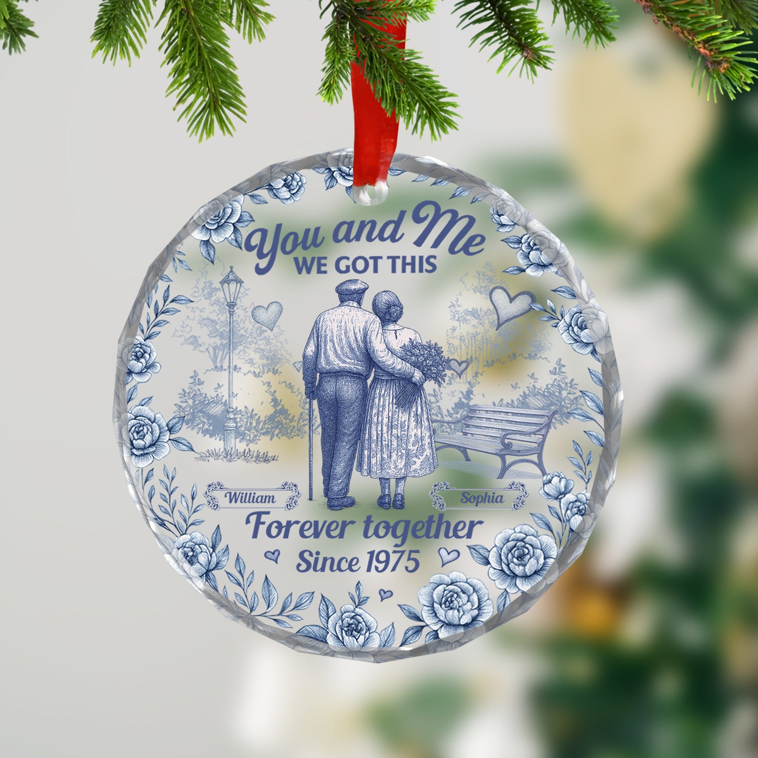 Personalized glass ornament with "You, Me, We Got This" for anniversary gifts.