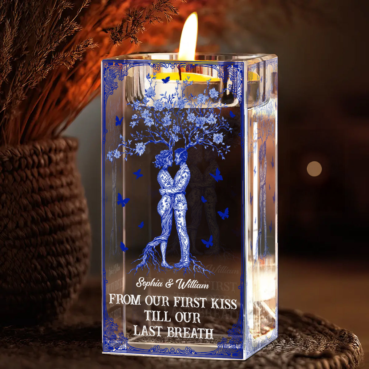 Personalized crystal candle holder with "You, Me, We Got This Forever In Love" engraving, perfect romantic gift.