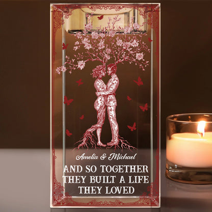 Personalized crystal candle holder with "You, Me, We Got This Forever In Love" engraving, perfect romantic gift.