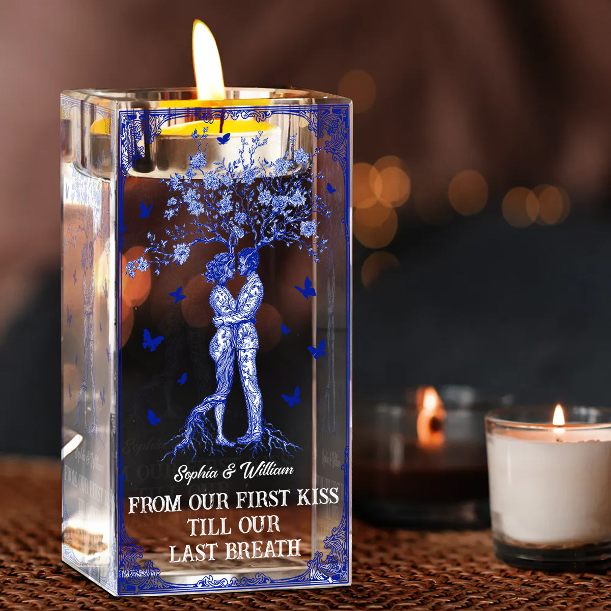 Personalized crystal candle holder with "You, Me, We Got This Forever In Love" engraving, perfect romantic gift.