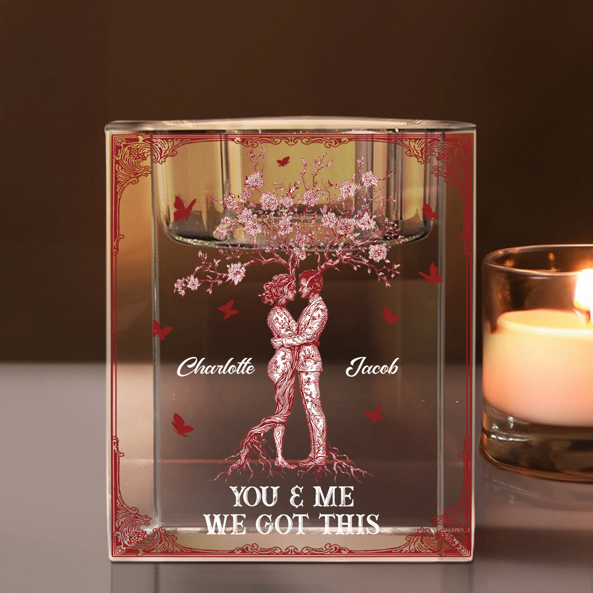 Personalized crystal candle holder with "You, Me, We Got This Forever In Love" engraving, perfect romantic gift.