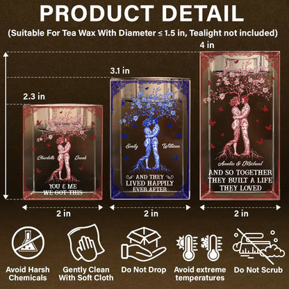 Personalized crystal candle holder with "You, Me, We Got This Forever In Love" engraving, perfect romantic gift.