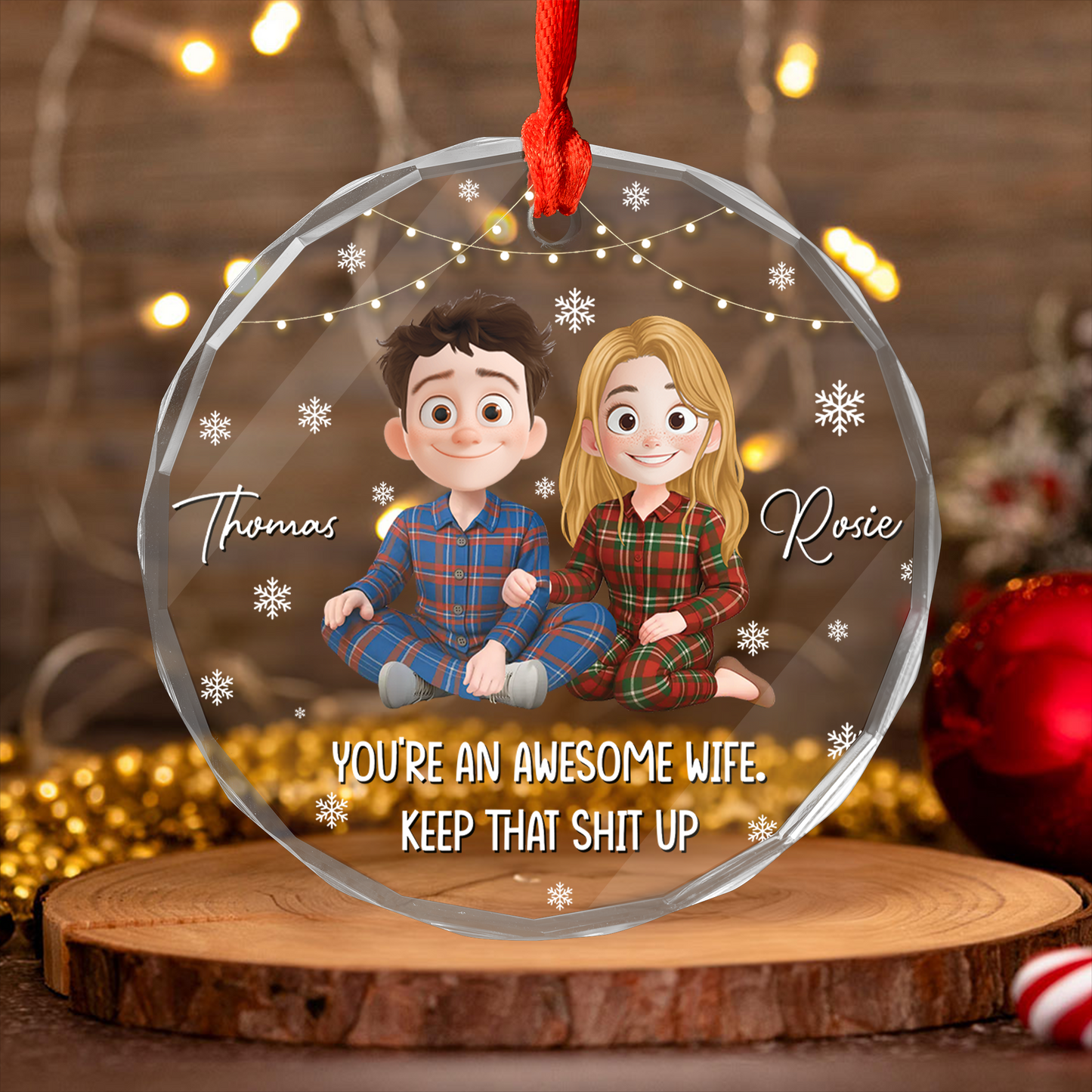 Personalized "Awesome Wife" Christmas glass ornament gift.