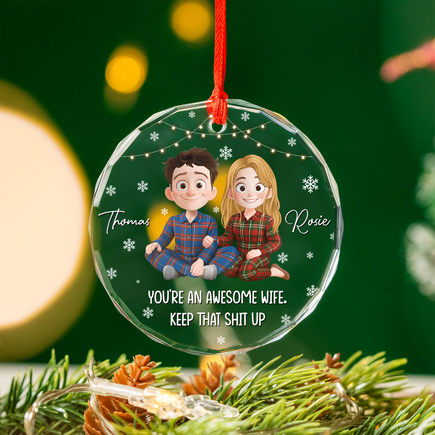 Personalized "Awesome Wife" Christmas glass ornament gift.