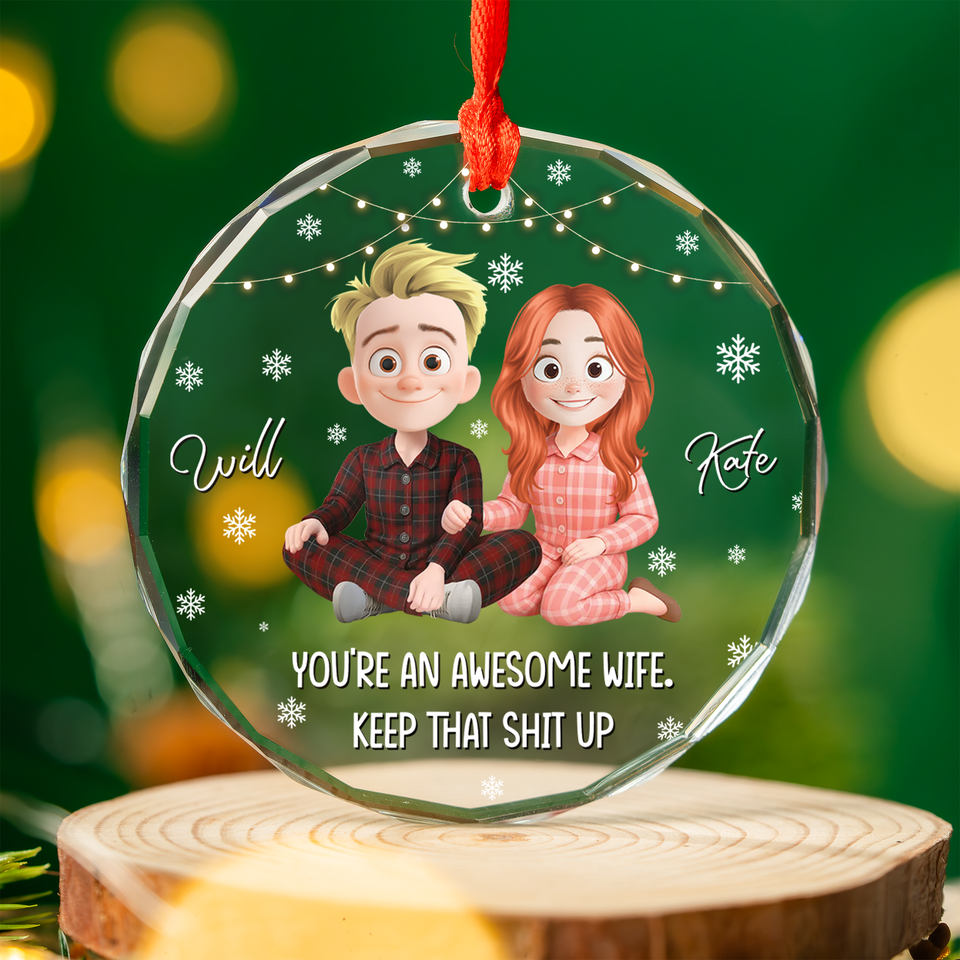 Personalized "Awesome Wife" Christmas glass ornament gift.