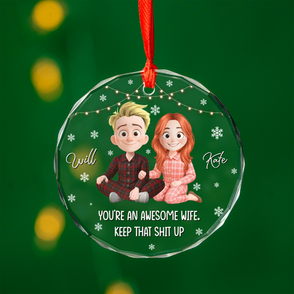 Personalized "Awesome Wife" Christmas glass ornament gift.
