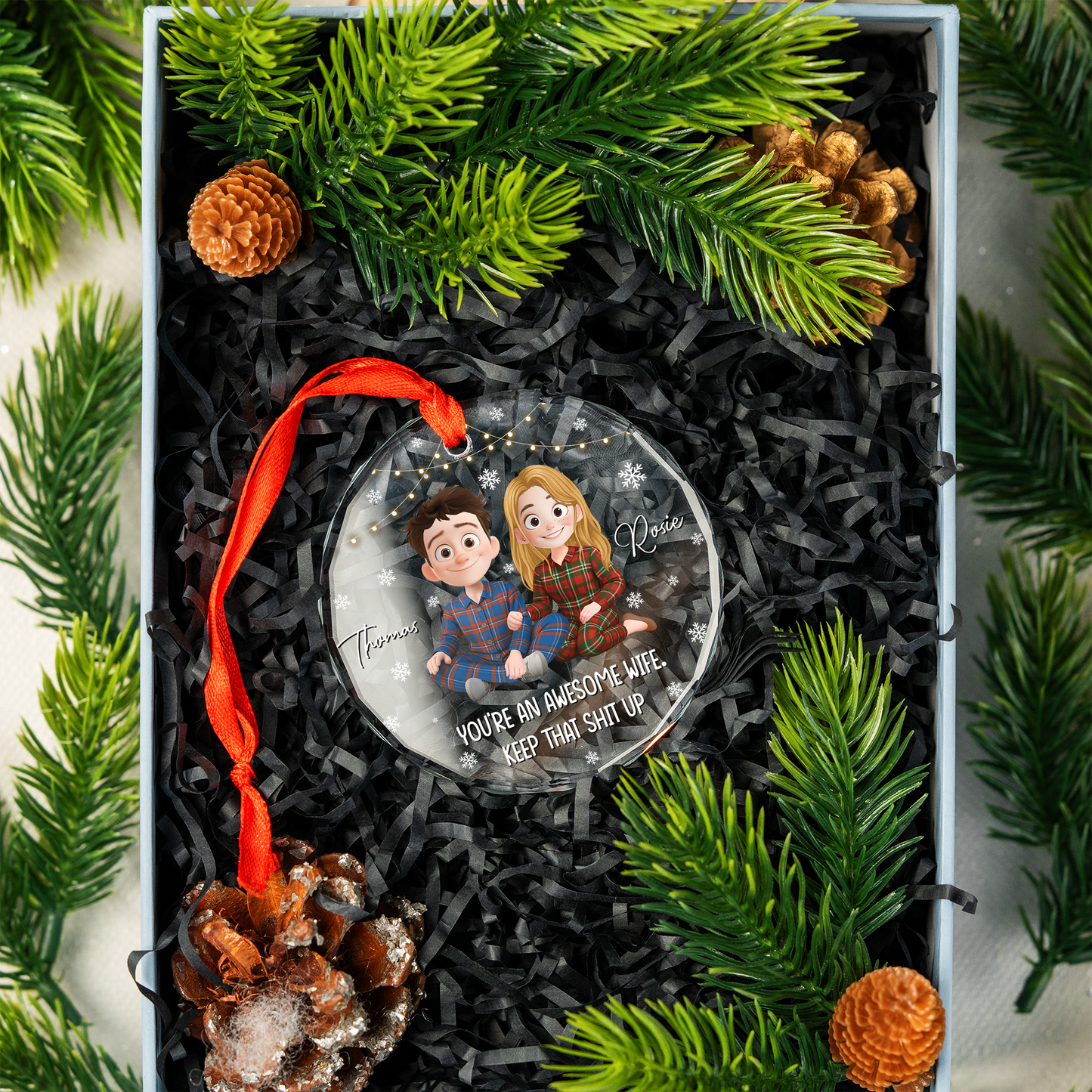 Personalized "Awesome Wife" Christmas glass ornament gift.