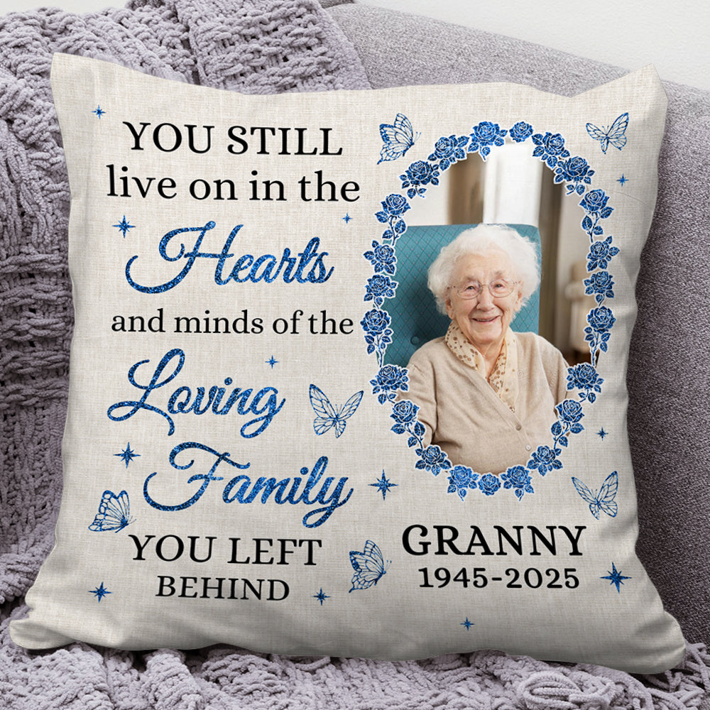 Personalized memorial pillow with "You Still Live On" design, a thoughtful sympathy gift.